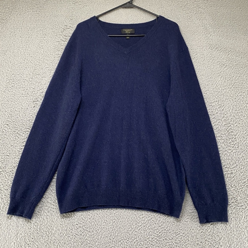 Club Room Cashmere Sweater Mens Large Navy Blue 100% Cashmere V Neck
